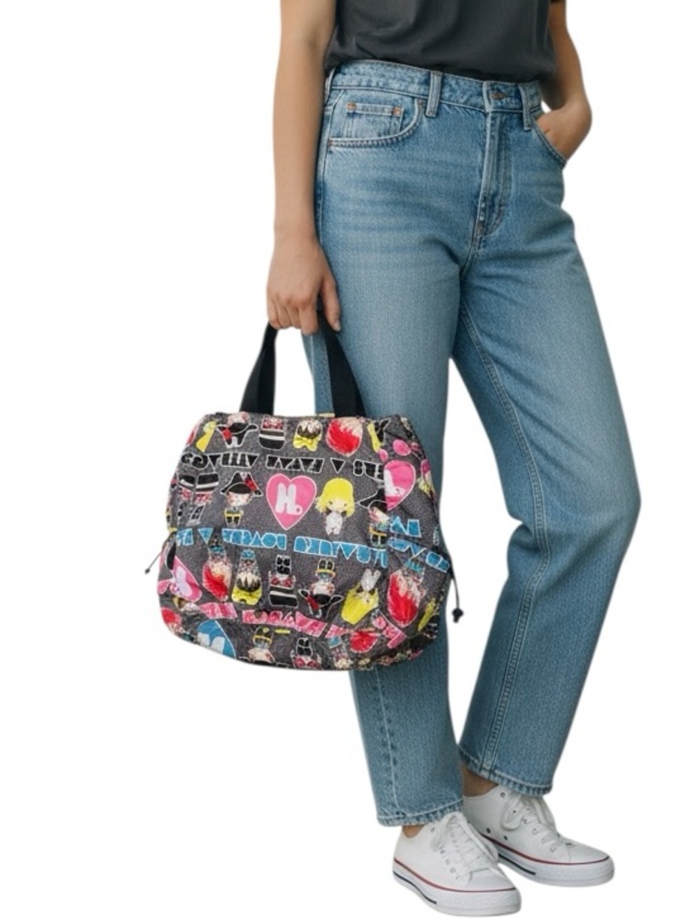 HARAJUKU LOVERS Black and White Check Girl Logo Print Nylon Black Strap Tote Bag